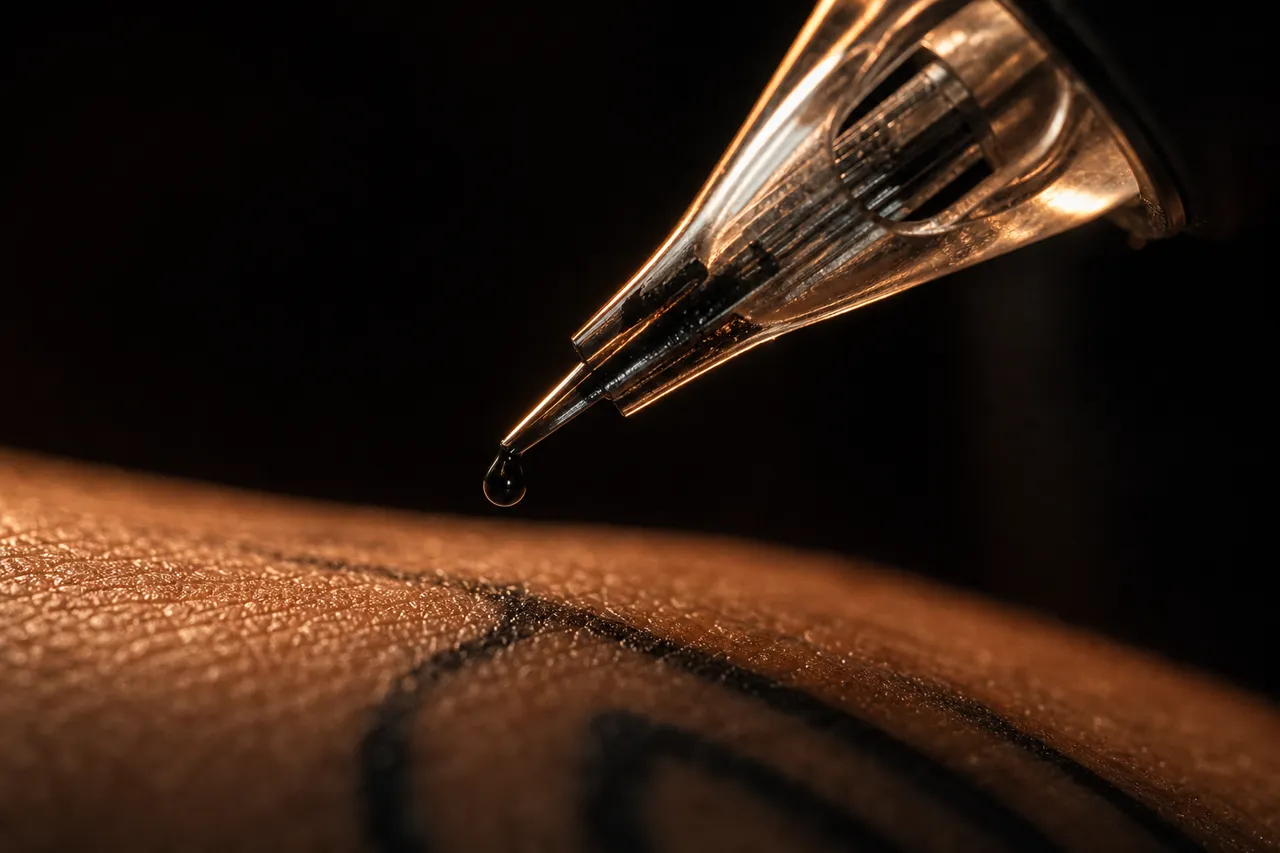 Detalle de una máquina de tatuar Imagen ilustrativa de la punta de una máquina de tatuar junto a piel con líneas negras.