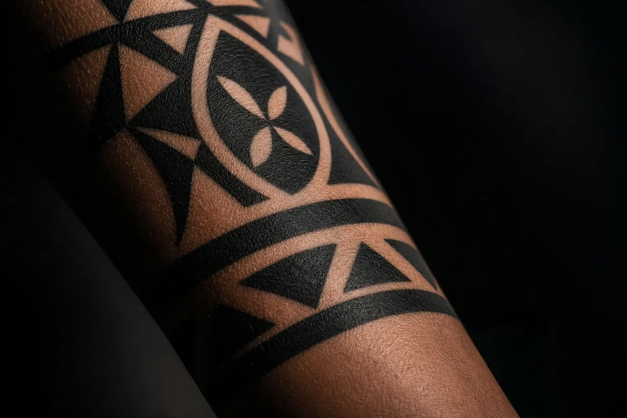 Motivos geométricos en negro Imagen ilustrativa de un brazo con bandas, triángulos, círculos y otros motivos negros geométricos.