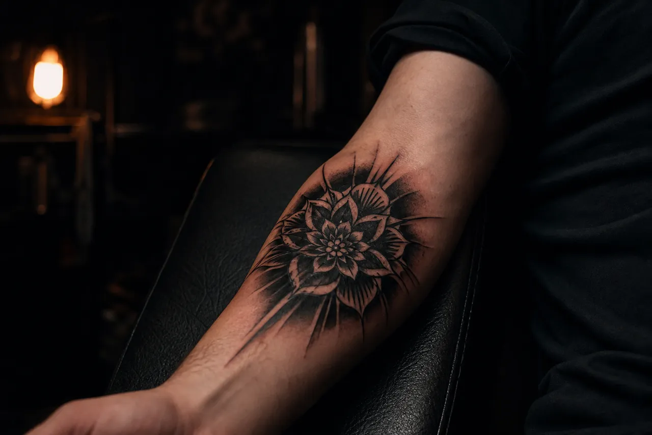 Motivo floral en un antebrazo Imagen ilustrativa de un antebrazo con un motivo floral negro sobre un fondo oscuro y luz cálida.